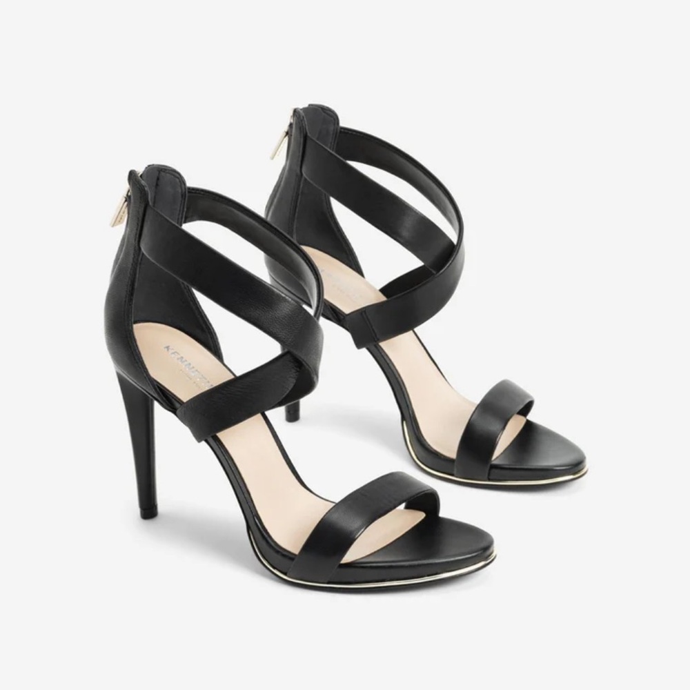 Kenneth Cole Brooke Cross Strap Heeled Sandal Leather Black Heels Size 6.5
